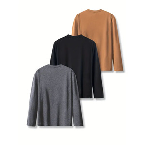 Men's <b>Long</b> Sleeve <b>T</b>-<b>Shirt</b> Regular Fit Solid Color O-Neck Casual Knitted 100% Cotton Regular Length <b>Black</b> Gray Brown Front - Product Image 2