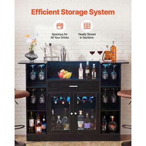 Meuble bar à vin 4 niveaux avec éclairage LED, étagères de rangement, porte-verres et porte-bouteilles, en bois M - Product Image 3