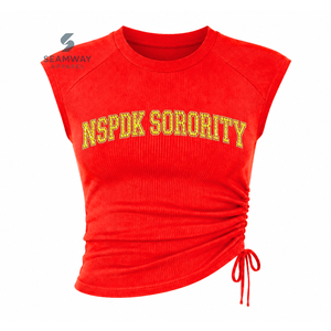 NSPDK Sorority Women's <b>Red</b> Bling Rhinestone Ribbed Tank <b>Top</b> Ruched Side Crew Neck Raglan Cap Sleeve Casual <b>Crop</b> <b>Top</b> - Product Image 1