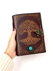 Organiseur/Agenda en cuir A5 Marron Tree Life, 5 choix de pierres, 4 choix de papiers, 220 pages vintage, fermeture à fermoir en laiton, cadeau - Product Image 1