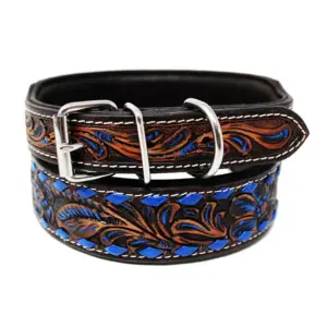 El mejor diseño de estilo occidental, Collar para perro y gato, cuero de vaca, patrón Floral pintado a mano, hebilla azul, herrajes de acero acolchados, inserción de plumas - Product Image 1