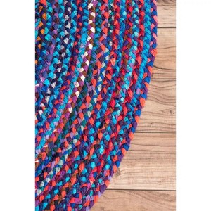 Tapis tressé bohème multicolore en patchwork, fils recyclés, fait main, à poils épais, rectangulaire, pour la décoration du salon - Product Image 3