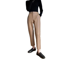 <b>Women's</b> <b>Black</b> PU Leather Look Flat Front High Waist Slim Fit Skinny Butt Lifting Stonewashed <b>Trousers</b> - Product Image 1