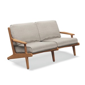 Midcentury Modern <b>Wooden</b> Two Seat <b>Sofa</b> Outdoor Garden Furniture Teak Wood Design Light Gray Cushion - Product Image 4