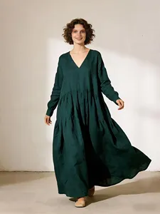 Women <b>Boho</b> Maxi <b>Dress</b> <b>Long</b> Sleeve Loose Oversized Casual Green Cotton Linen Full Length Maxi <b>Dress</b> - Product Image 2