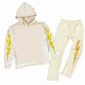 Sudadera con capucha y estampado de rayo de lana polar personalizada para hombre, conjunto de chándal pesado, ropa urbana unisex, sudadera con capucha extragrande y jogger - Product Image 3