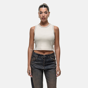 Top Corto de Punto Crema para Mujer, Cuello Redondo, Color Sólido Minimalista, Transpirable, Sin Mangas, de Spandex y Nailon - Product Image 1