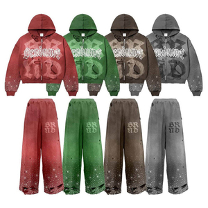 Custom Men's Rhinestone Graphic Tracksuit <b>Set</b> Zip Up Hoodie Distressed Jogger Pants Streetwear Vintage Washed Training Suit - Product Image 6