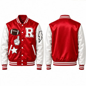 Veste de sport rouge pour homme avec manches blanches, lettre R brodée, patch de football, style preppy, col rabattu, coupe classique - Product Image 1