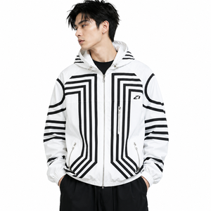 2026 Trendy Customize Geometric Stripe Hooded Windbreaker <b>Jacket</b> <b>Men</b> Oversized Zip Up Streetwear Lightweight Nylon <b>Men's</b> <b>Jackets</b> - Product Image 2