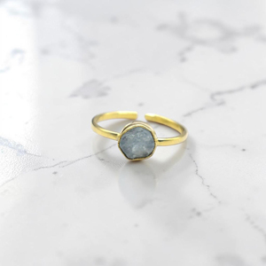 Handmade Raw Aquamarine Brass <b>Ring</b> Natural Rough Stone <b>Adjustable</b> Band Minimalist Boho All Birthstone Jewelry for Women - Product Image 1