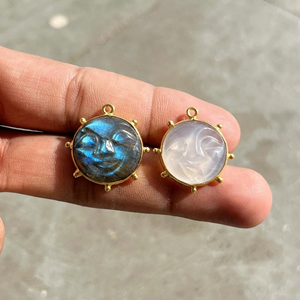 Natural Labradorite Moon <b>Face</b> Pendant, Hand Carved Gemstone Moon Charm with Gold Plated Frame for Jewelry <b>Making</b> - Product Image 5