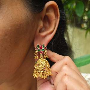 18K Gold Plated Brass Drop Jhumka Earrings with Zircon for Party - Product Image 2