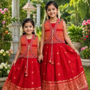 Robe pour enfants en soie Paithani rouge avec manteau de créateur, tissage Paithani traditionnel, entièrement cousue, tenue de mariage festive, vente en gros - Product Image 1