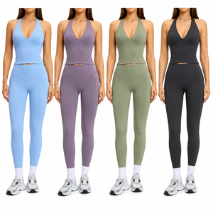 Custom <b>Women</b>’s 3 Piece Workout Set Halter Sports Top High Waist <b>Leggings</b> <b>Flared</b> Yoga Pants Stretch Gym Fitness OEM Manufacturer - Product Image 2