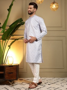 Men White Jacquard Work <b>Kurta</b> Pajama Set Regular Fit Traditional <b>Indian</b> Pakistani Knee-Length Casual Wear - Product Image 3