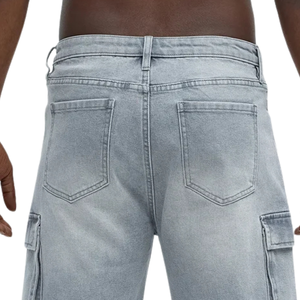 Shorts cargo en jean délavé bleu clair pour homme, décontractés, mi-longs, respirants, en coton, coupe droite, avec poches utilitaires, mode estivale - Product Image 4