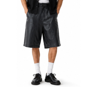 Shorts Bermuda Homme en Cuir PU Noir, Taille Mi-Haute, Style Décontracté, Poches, Tissu Toile Respirant, Couleur Unie - Product Image 1