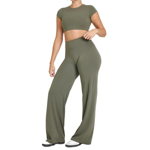 Olive Green High Waist <b>Flared</b> Leg Yoga <b>Leggings</b> Seamless Full Length Elastic Waist Sportswear Women's Training Pants - Product Image 1