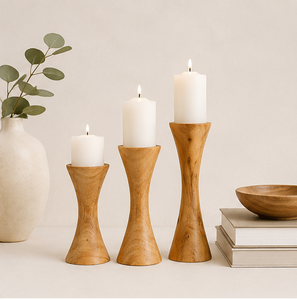 Hot Selling Handcrafted Solid Mango Wood Pillar Candle Holder Set Elegant Curved Rustic Candle Stand For Home Wedding Centertop - Product Image 4