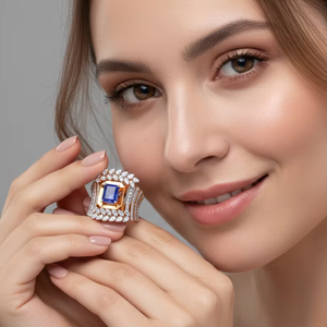 Vintage Style Blue Gemstone <b>Gold</b> Leaf <b>Ring</b> Luxury Wedding Anniversary Statement Jewelry - Product Image 1