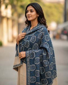 Blue Raising Digital Print Floral Breathable Quick Dry Lightweight Viscose Long Shawl Scarf Fringe Border Traditional <b>Wrap</b> - Product Image 2
