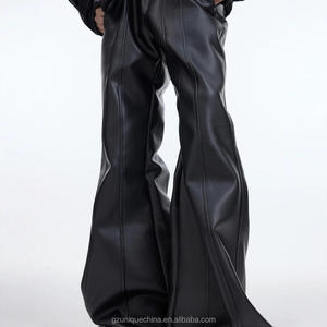 High Waist PU Midweight Winter Wide Leg Pants Streetwear Loose Fit Full Length Solid Color with <b>Belt</b> Decoration - Product Image 3