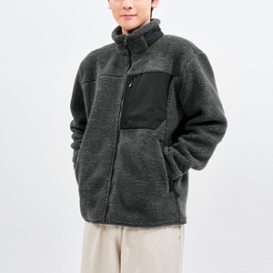 Men's <b>Fleece</b> Jacket Solid Color Stand Collar <b>Zipper</b> Closure Casual Winter Wear Polyester/Cotton Material Regular Fit Embroidery - Product Image 5