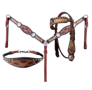 Venta caliente 100% cuero de vaca girasol Headstall Set mecanizado a mano con cuello de pecho y correa de marchita productos de caballo fabricados - Product Image 1