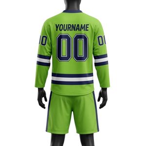 Conjunto de Jersey y Pantalones Cortos de Hockey sobre Hielo Sublimados en Verde Lima y Azul Marino para Hombre, Cuello en V, Rayas, Poliéster, Uniforme Deportivo - Product Image 2