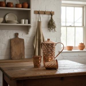 เหยือกน้ำทองแดงแท้ตีขึ้นรูปด้วยมือ งานฝีมือจากอินเดีย เหมาะสำหรับสุขภาพและการรับประทานอาหารในครอบครัว - Product Image 2