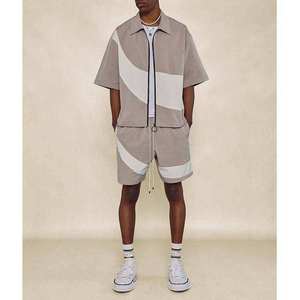 Ensemble de survêtement homme color block, veste zippée à manches courtes et short à cordon de serrage, respirant, léger, streetwear, décontracté d'été - Product Image 1