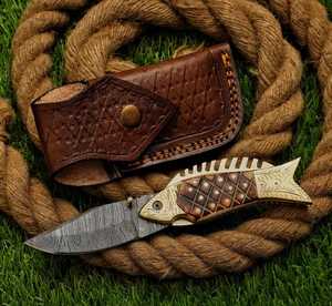 Custom Handmade Damascus <b>Fish</b> Pocket <b>Knife</b> Damascus Folding <b>Knife</b> Camel Bone , Brass Pin & Brass Pommel Handle - Engraved Brass - Product Image 3