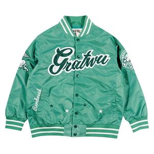 Veste bomber de sport personnalisée avec patch brodé de couleur verte, vente chaude, veste universitaire en satin unisexe - Product Image 1