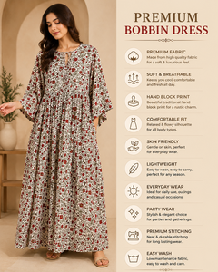 Vestido de Fiesta Moderno Bohemio con Estampado Floral, Largo hasta el Suelo, Cuello en V, Manga Larga, Cintura Natural, Corte Acampanado, Lavable, 100% Algodón Tejido Ecológico - Product Image 3