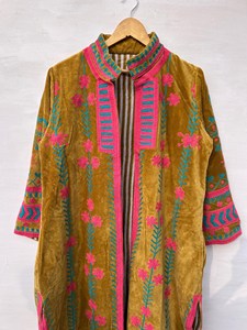 Chaqueta Larga de Terciopelo Bordado Marrón para Mujer, Diseño Floral, Estilo Bohemio, Cuello Alto, Manga Larga, Ropa de Abrigo para Invierno - Product Image 5