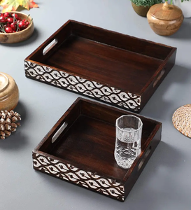 Handcrafted Wooden Serving <b>Tray</b> with Bone Inlay Border Design Decorative Coffee <b>Breakfast</b> <b>Tray</b> with Cutout Handles - Product Image 6