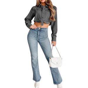 Customized Retro Classic Blue Denim Pants for Women <b>Low</b> <b>Waisted</b> Straight Micro <b>Flare</b> Summer <b>Jeans</b> Short Sleeve Fashion Sexy Slim - Product Image 1