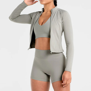 Custom Athletic Sets Stand Collar Zipper Closure Outerwear <b>Compression</b> Jackets <b>Tops</b> & High Elastic Waist Skinny Fit Shorts Set - Product Image 4