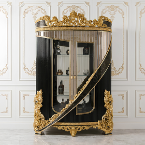 Juego de Comedor de Lujo Europeo Clásico, Acabado en Negro y Dorado con Madera de Teca Sólida, con Aparador Curvo Artístico y Vitrina - Product Image 3