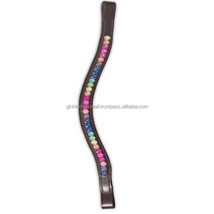 Banda para la frente de caballo de cuero acolchado canal vacío forma ondulada diseño personalizado con cristales de cristal redondos multicolores banda para la frente ostentosa - Product Image 5
