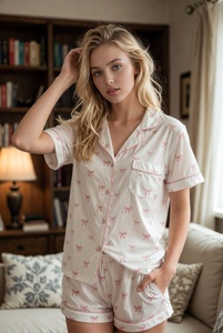 Womens <b>light</b> blue pajama top with short sleeve button up and pocket in studio for soft comfortable sleepwear collection - Product Image 4