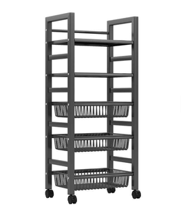 Black Heavy Duty Foldable Mobile Storage Shelf with Wheels Four-Tier Carbon Steel Kitchen Organizer - Product Image 1