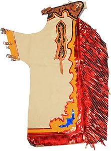 Pantalones de cuero estilo western para hombre con flecos rojos y costuras naranjas, cierre de hebilla, equipo de equitación - Product Image 2