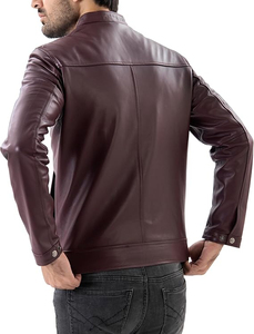 Men's <b>Burgundy</b> PU <b>Leather</b> Moto <b>Jacket</b> Stand Collar Zipper Closure Regular Fit Autumn Wear - Product Image 2