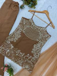 Traje Palazzo Tradicional Indio-Pakistaní Bordado en Color Marrón para Mujer, con Dupatta, para Fiestas, Corte Holgado, Tela Elástica - Product Image 6