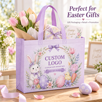 Sacs fourre-tout réutilisables en tissu non tissé écologique avec imprimé lapin, poussin et fleurs de printemps lavande aquarelle, logo personnalisé