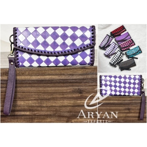 New Custom Eco-Friendly Purple & White Checkered Clutch for Women's Luxury High Quality Genuine Cow Leather Card Holder Wallets - Product Image 1