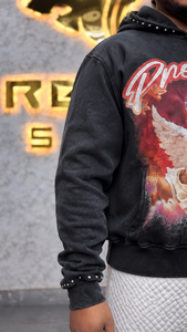 Sweat-shirt à capuche zippé intégral noir délavé vintage personnalisé pour homme, avec motif ange et strass, style streetwear oversize et épais - Product Image 3