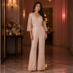 Combinaison pour femme rose poudré à sequins, col en V profond, jambes larges, tenue de soirée élégante, combinaison de cocktail, tenue de invitée de mariage, glamour - Product Image 2